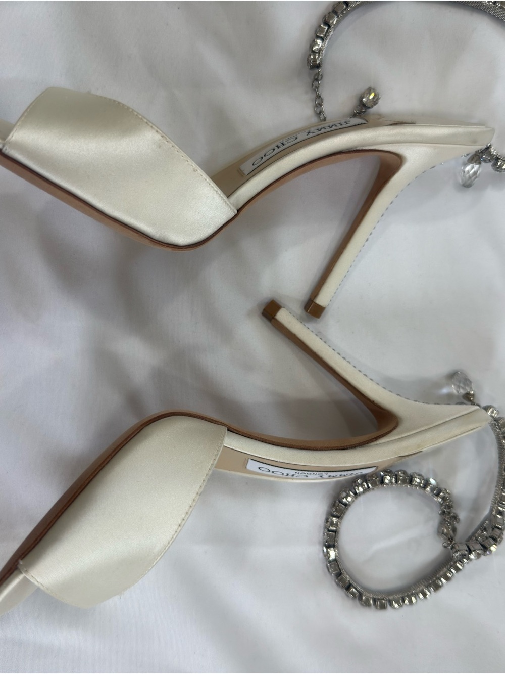 Jimmy Choo Saeda 100 Ivory Satin Crystal Ankle-Strap Sandals - Picture 4 of 10